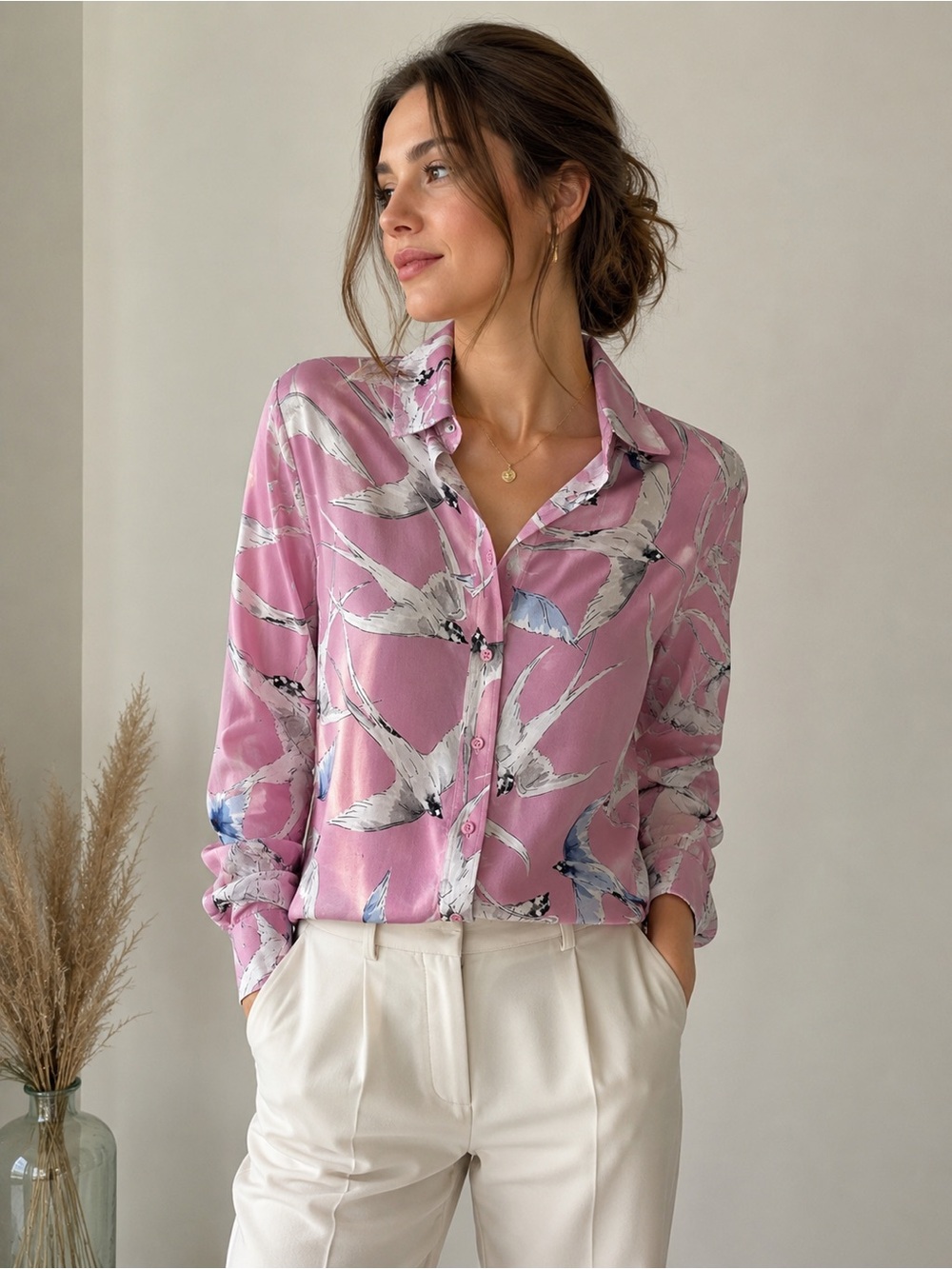 Ann Taylor 100% Silk Bird Print Button Front Blouse Pink Long Sleeve , size S - Picture 2 of 8